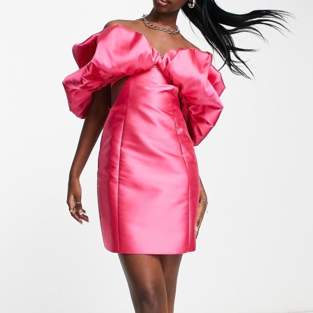 ASOS LUXE bubble bardot satin mini dress in pink - Picture 6 of 6